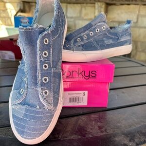 Denim patches tennis shoes